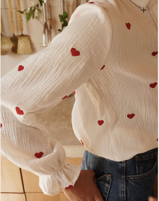 Chemise "Cupidon" en Gaze de Coton à Cœurs Rouges