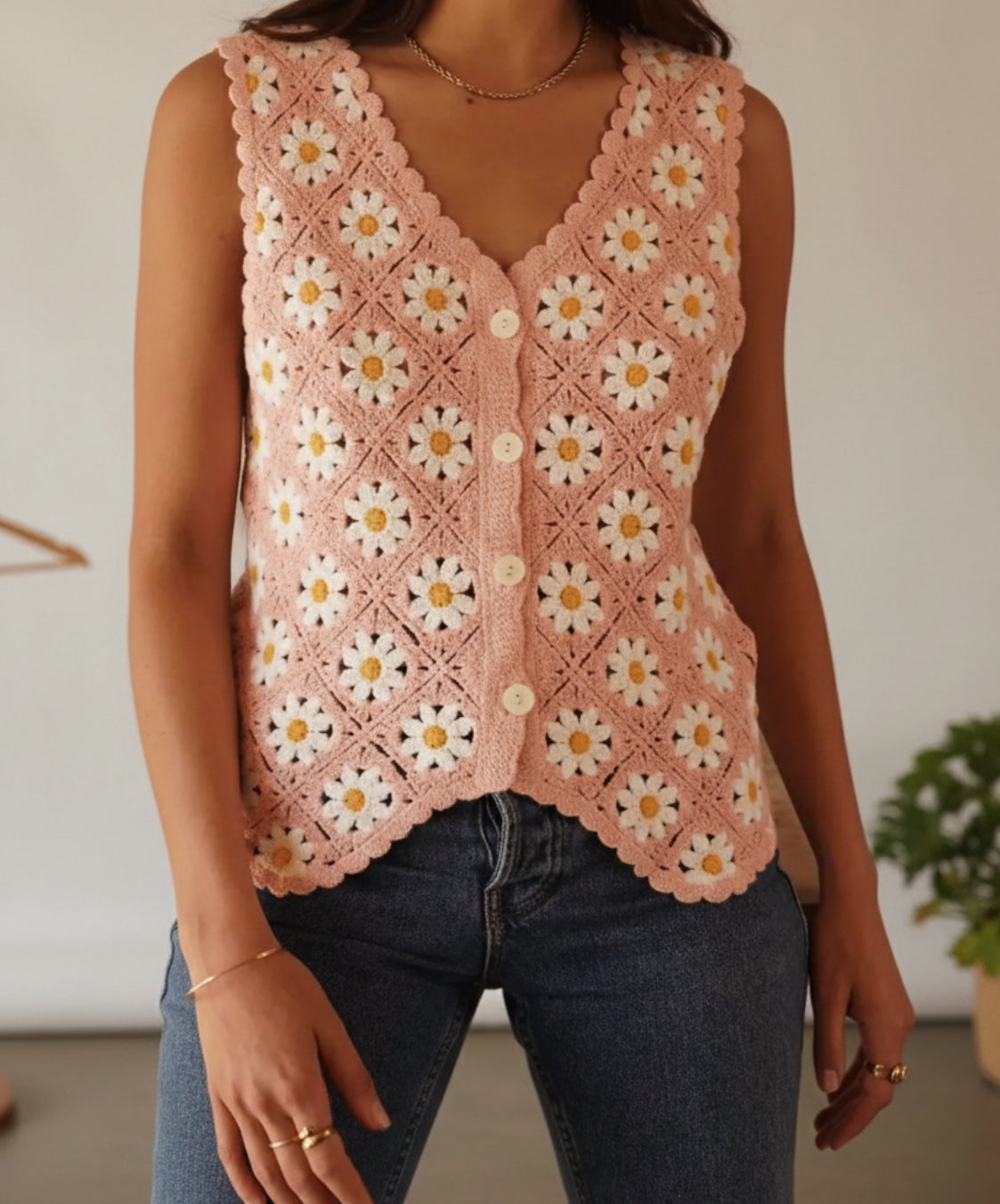 Gilet Sans Manches Crocheté "Daisy" – Vieux Rose