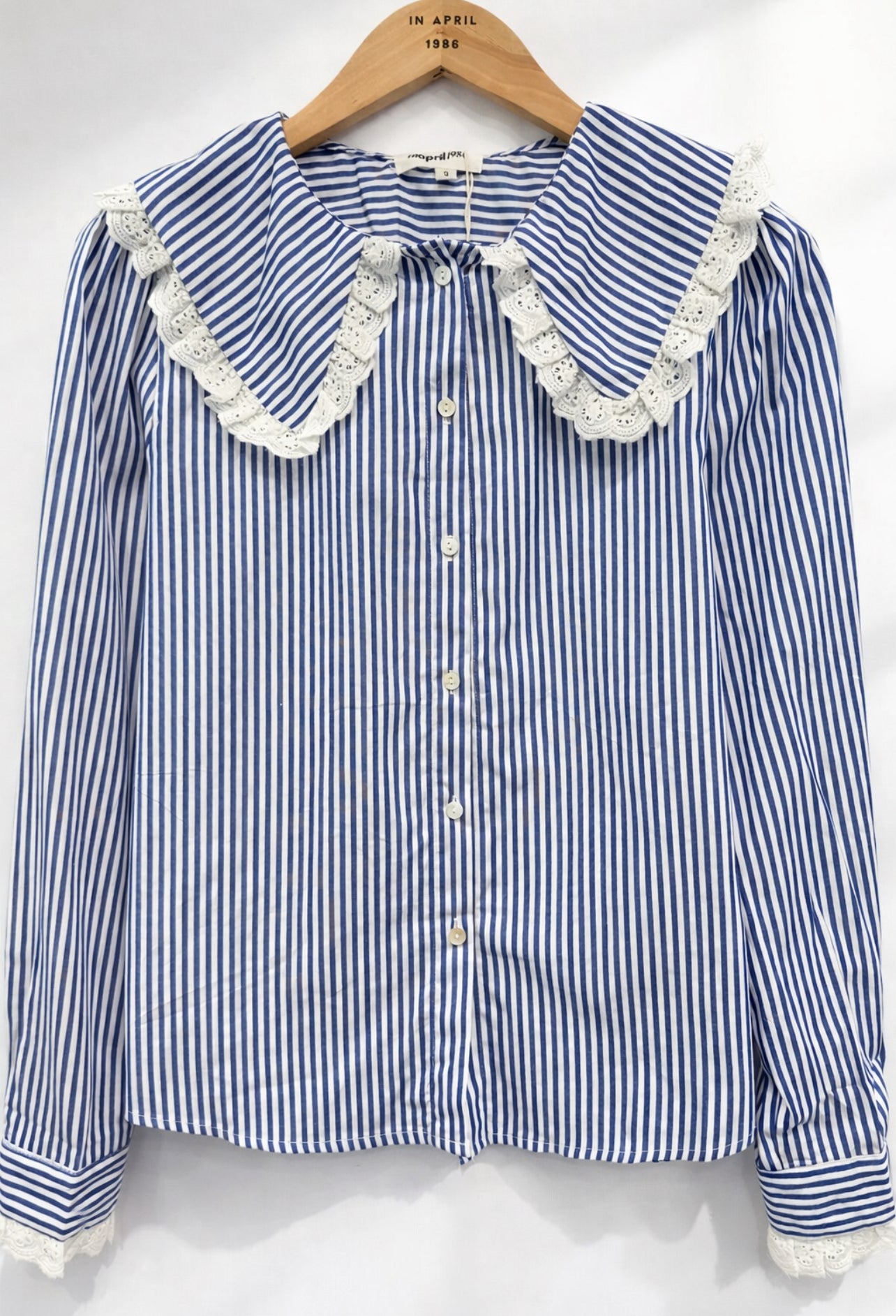 Chemise Elisa – Rayures Azur & Col Claudine Dentelle