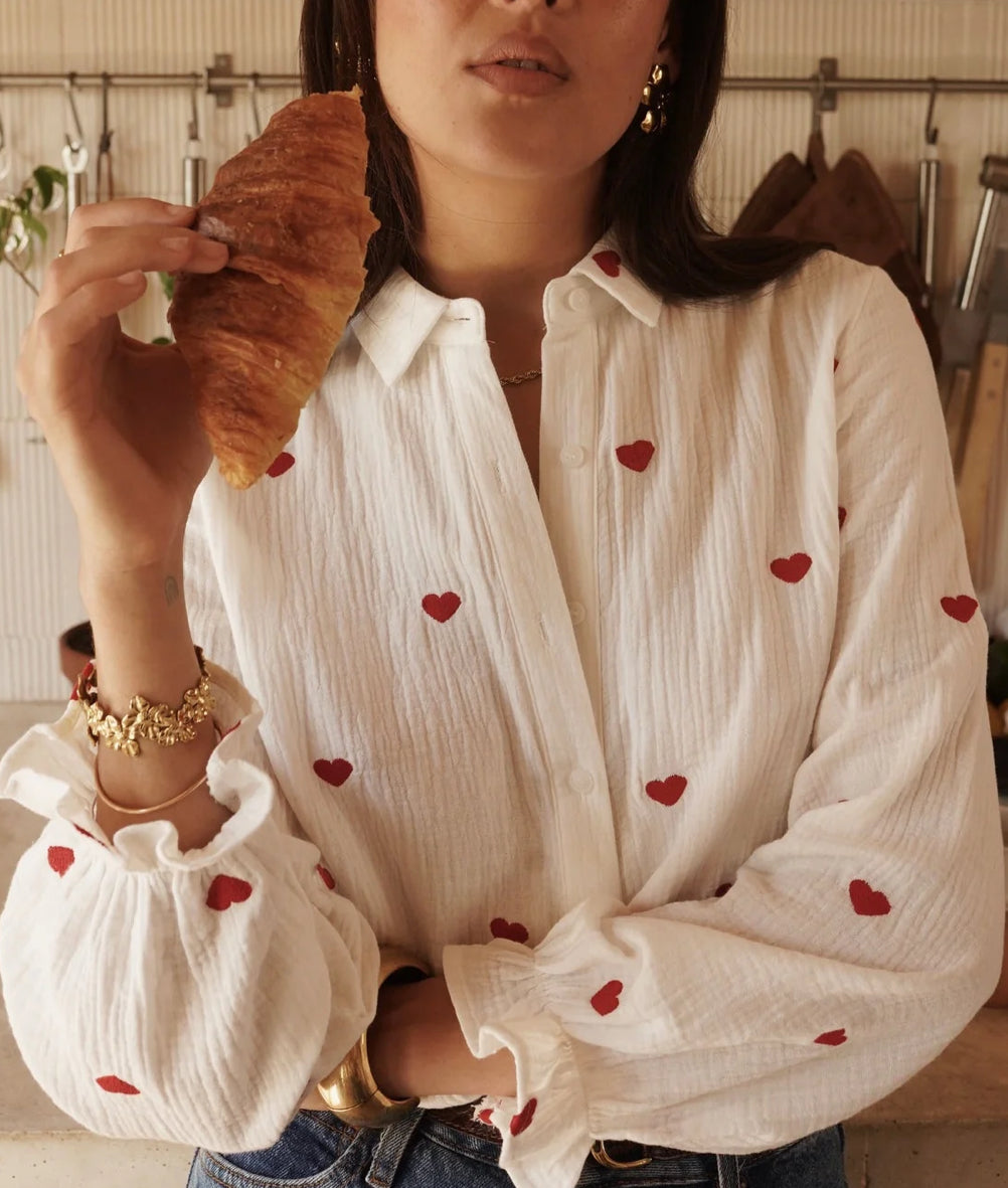 Chemise "Cupidon" en Gaze de Coton à Cœurs Rouges