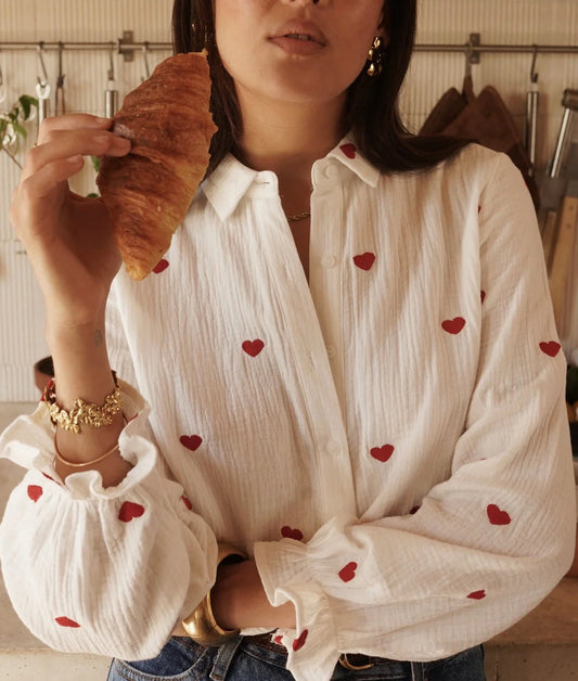 Chemise "Cupidon" en Gaze de Coton à Cœurs Rouges