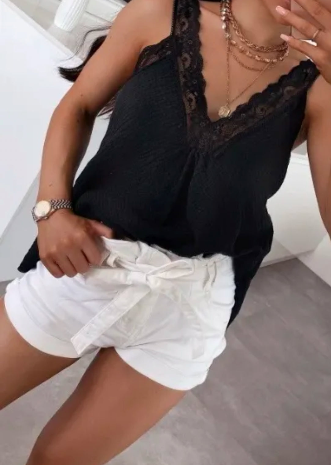 Top en Coton Gaze et Dentelle Noire