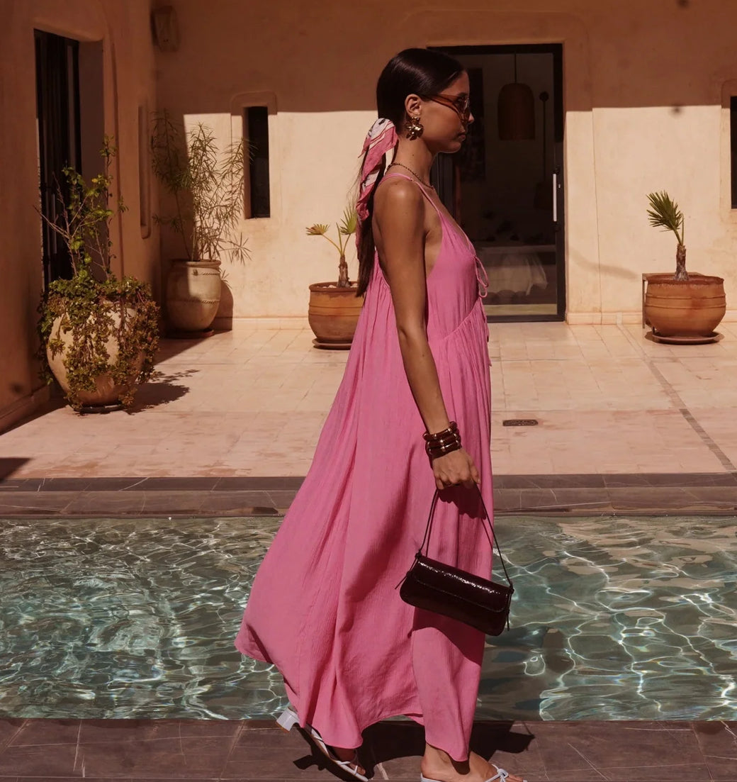 Robe Maxi "Baia" – Rose Fuchsia & Dos Croisé