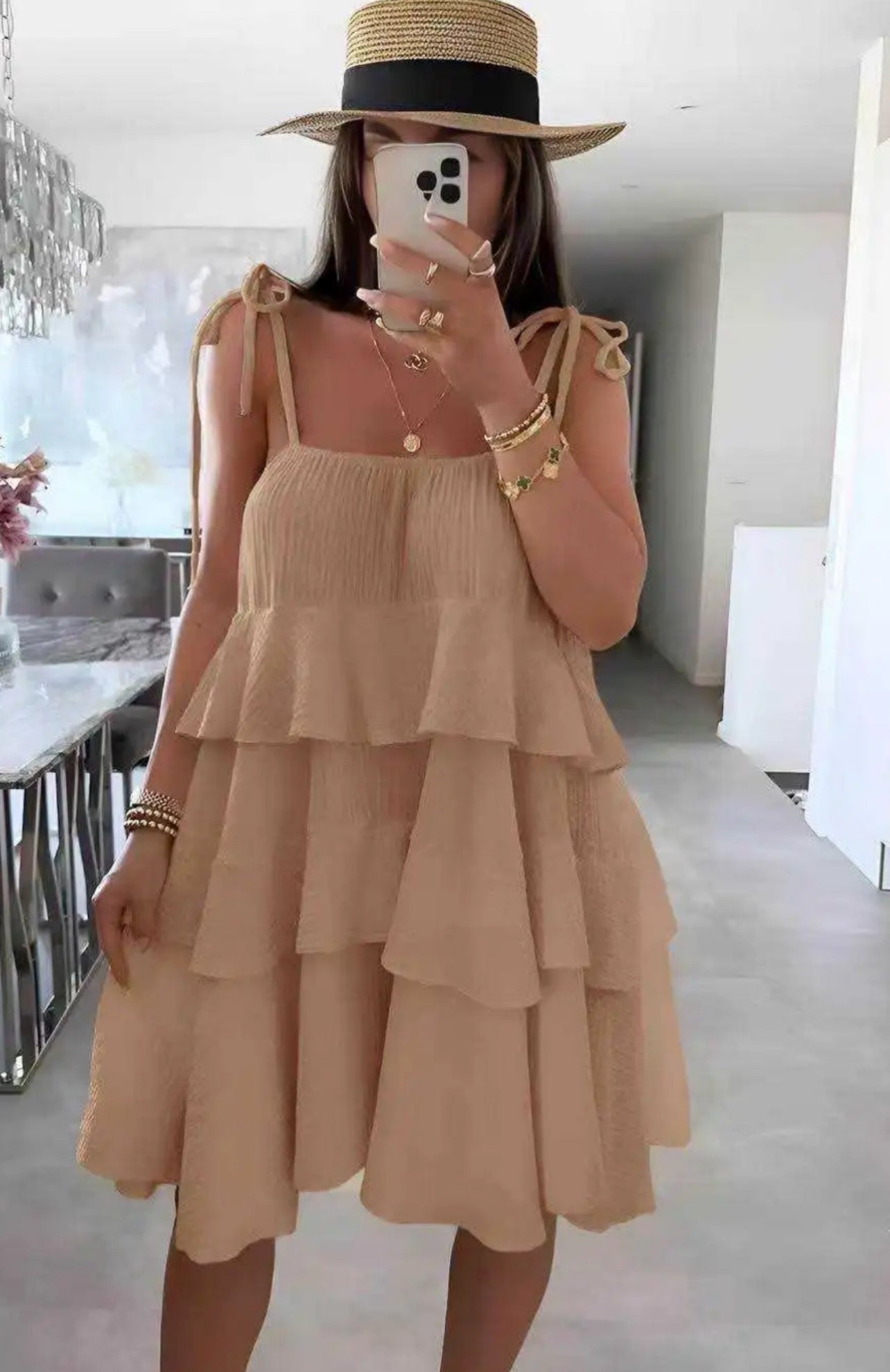 Robe Courte à Volants Étagés en Gaze de Coton - Beige Sable