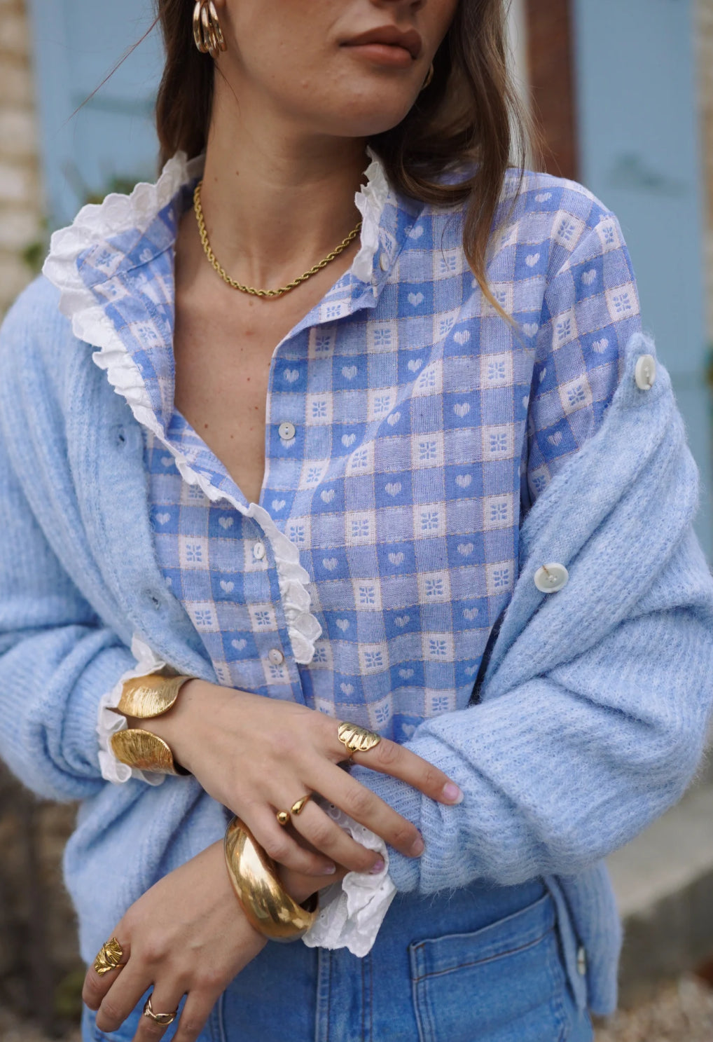 Chemise Romantique en Coton – Bleu Azur & Cœurs Brodés