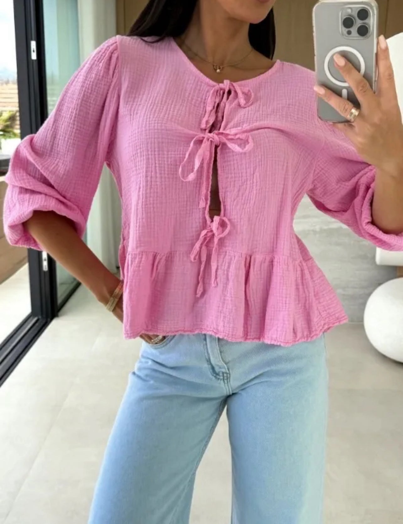 Blouse en Gaze de Coton Rose à Nœuds – Esprit Bohème