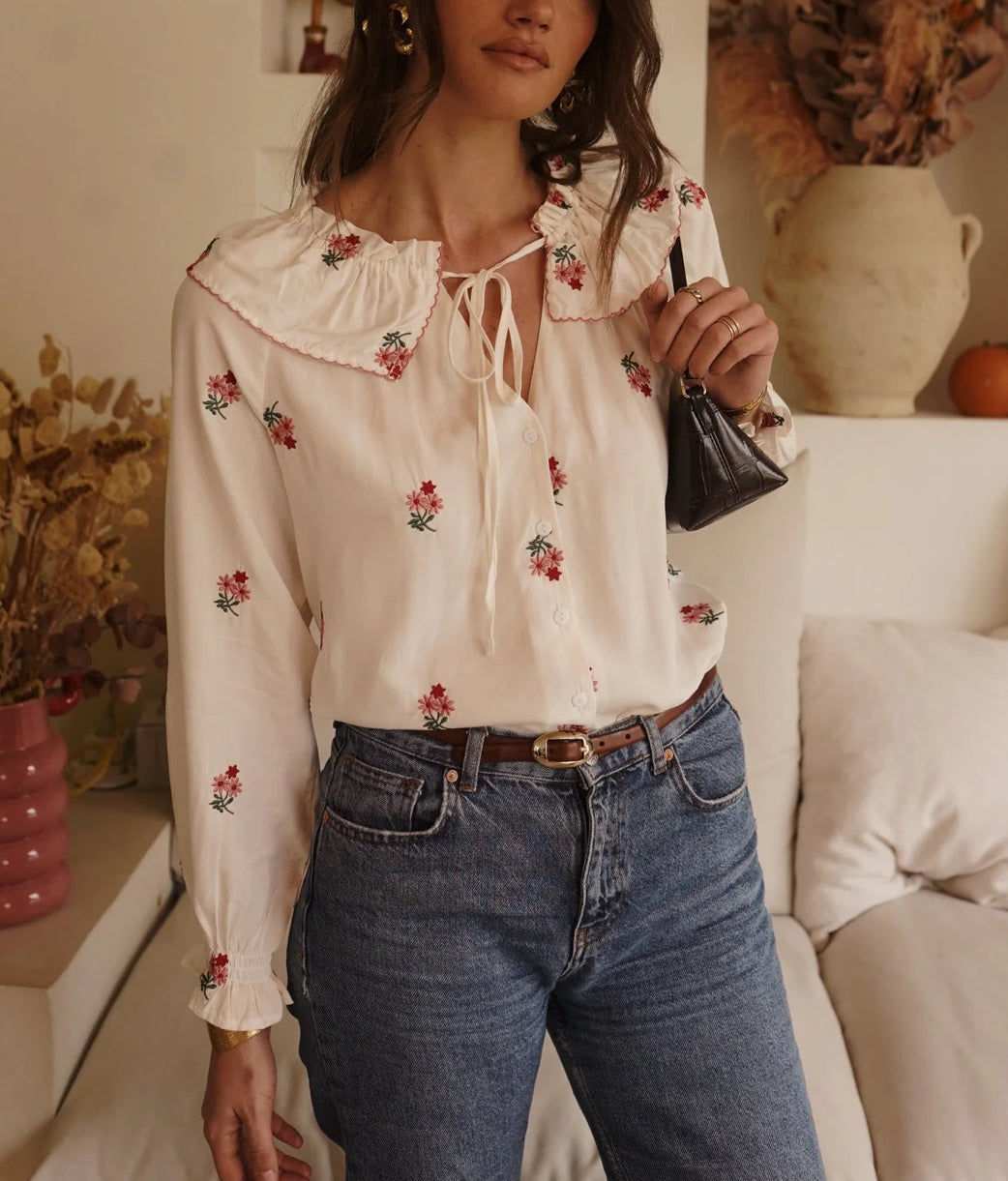 Chemise Broderies Fleurs — Ecru