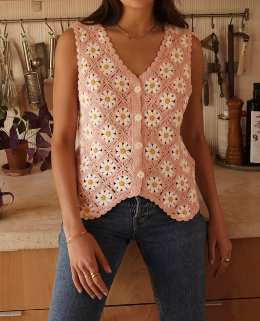 Gilet Sans Manches Crocheté "Daisy" – Vieux Rose