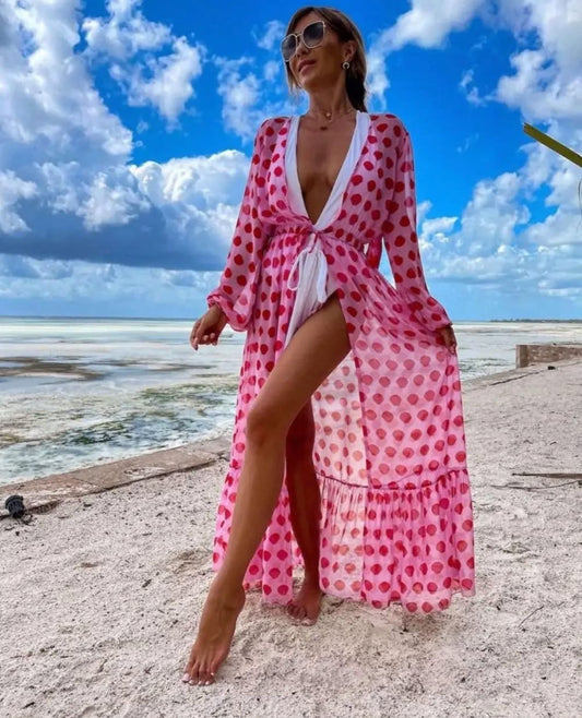 Kimono de Plage Long "Malibu" – Imprimé Pois Roses & Voile Aérien