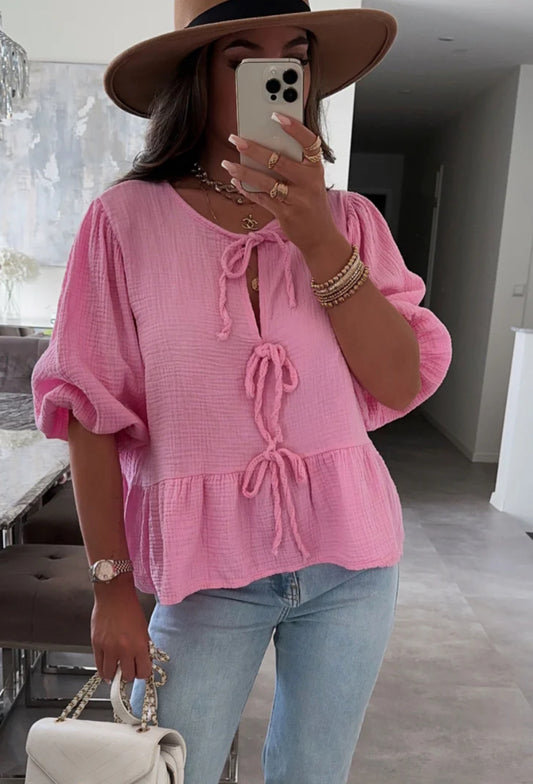 Blouse en Gaze de Coton Rose à Nœuds – Esprit Bohème