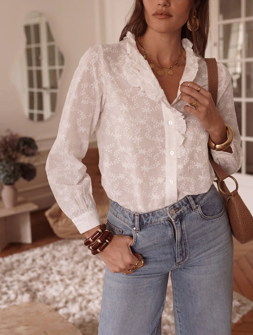 Chemise Broderie Anglaise Volantée — Blanc