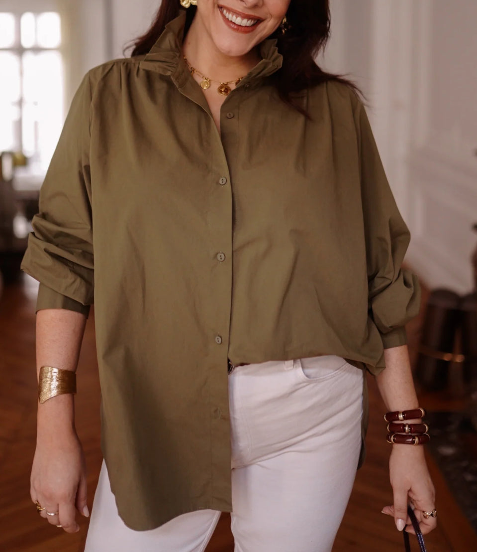 Chemise en Popeline Kaki – Coupe Oversize & Détails Plissés