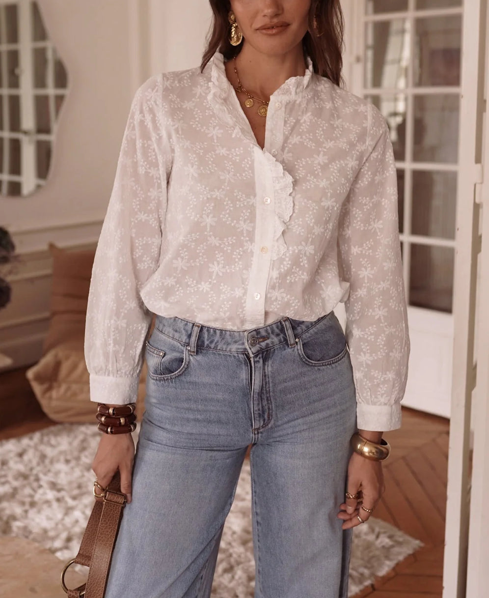Chemise Broderie Anglaise Volantée — Blanc