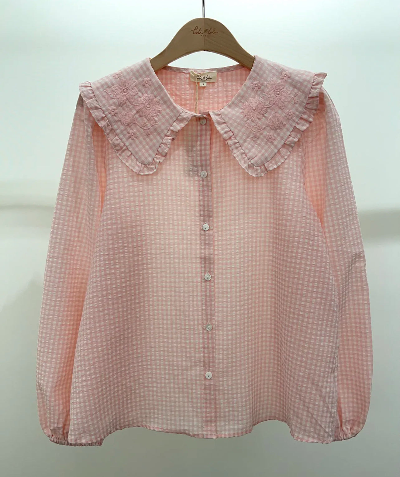 Chemise "Colette" Vichy Rose – Col Claudine Brodé