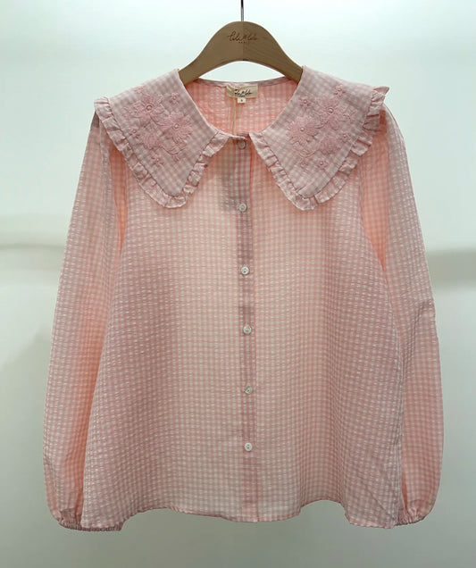 Chemise "Colette" Vichy Rose – Col Claudine Brodé