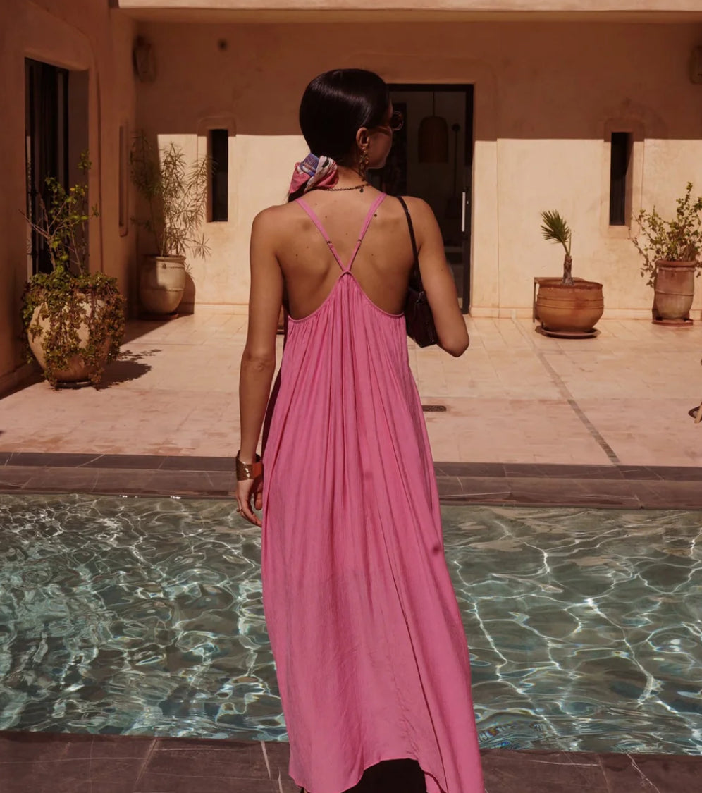 Robe Maxi "Baia" – Rose Fuchsia & Dos Croisé