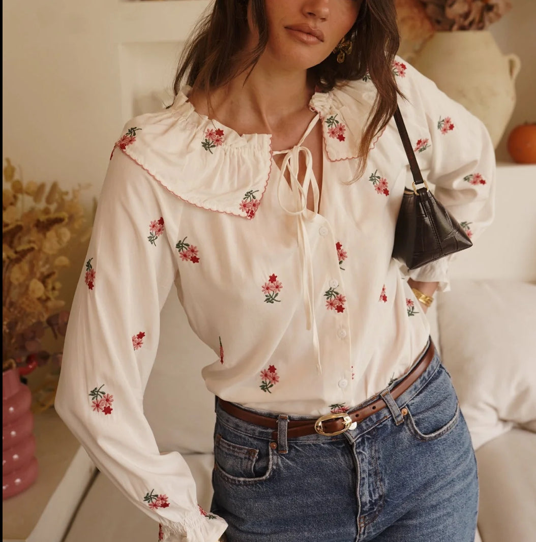 Chemise Broderies Fleurs — Ecru