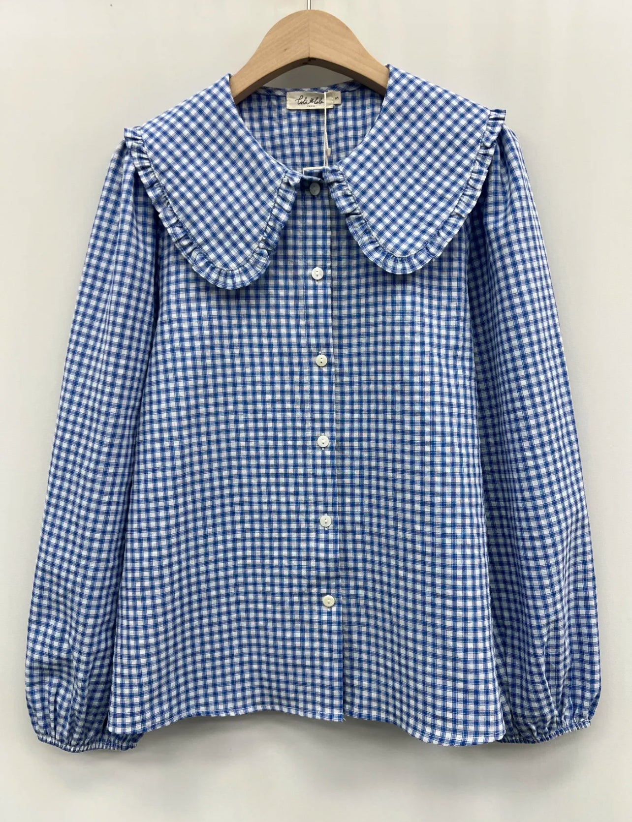Blouse Gingham à Grand Col Claudine Festonné – 100% Coton