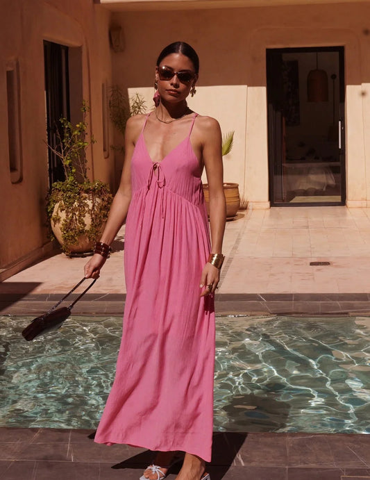 Robe Maxi "Baia" – Rose Fuchsia & Dos Croisé