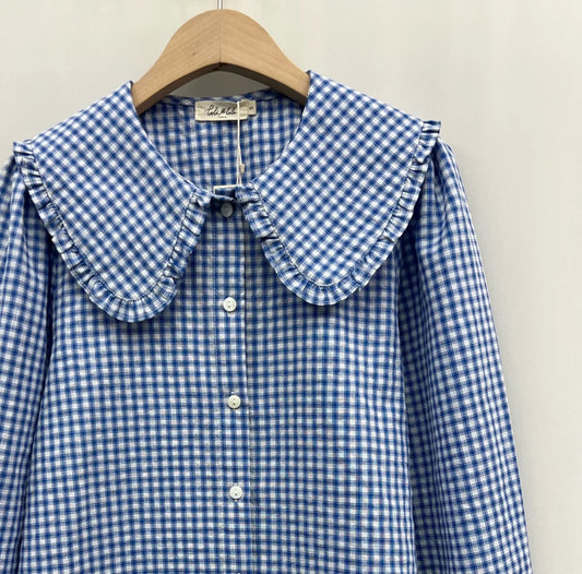 Blouse Gingham à Grand Col Claudine Festonné – 100% Coton
