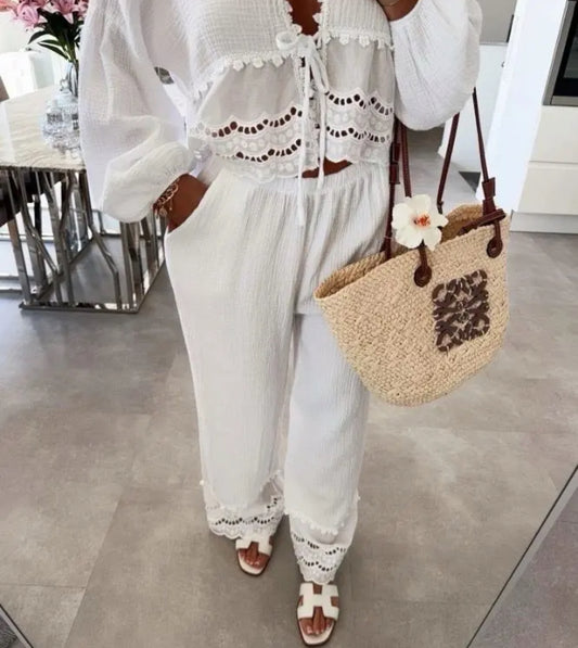 Pantalon Fluide en Coton Gaze et Dentelle Anglaise - Collection Boho Chic