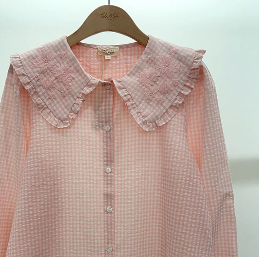Chemise "Colette" Vichy Rose – Col Claudine Brodé